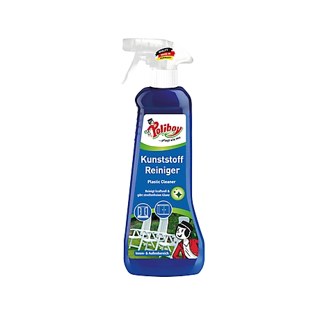 Blue plastic cleaner bottle with spray head, 'Poliboy' lettering, and product information. Garden furniture is pictured.