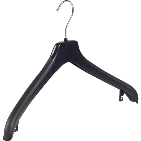 Black clothes hanger with metal hook against a white background.
