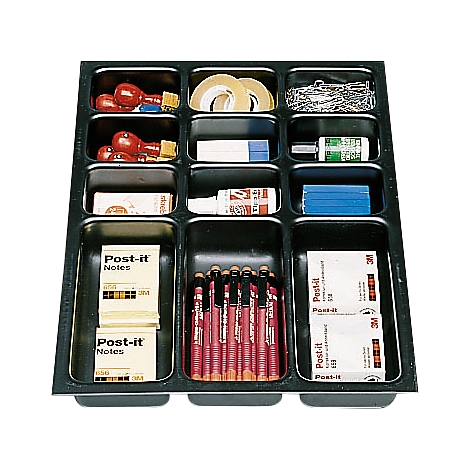Black drawer with office supplies, including pencils, tape, paper clips, sticky notes, and correction fluid.