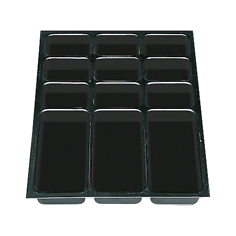 Black, rectangular serving tray with 12 compartments.
