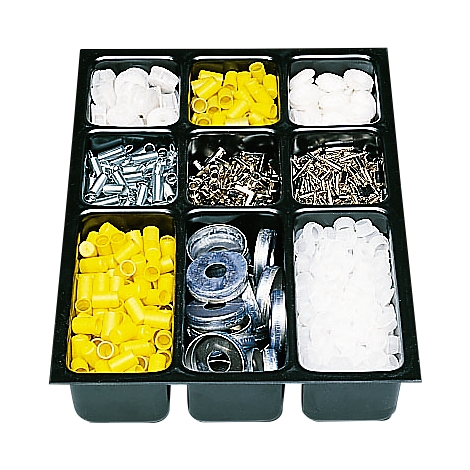 Black tray with nine compartments filled with various small parts: screws, springs, yellow caps.