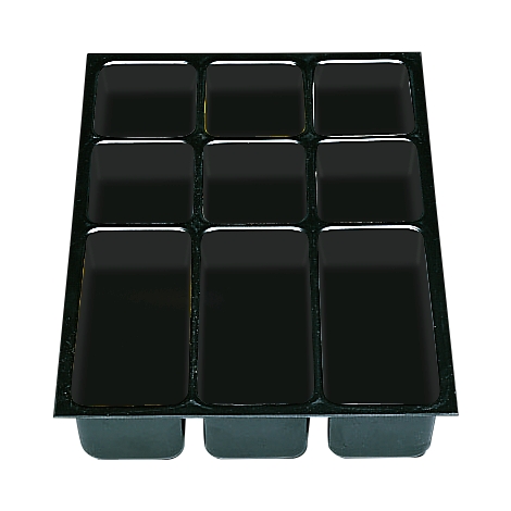 Black plastic tray with nine rectangular compartments.