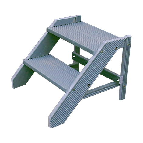 Gray step stool with two steps, ridged surface, and visible screws.