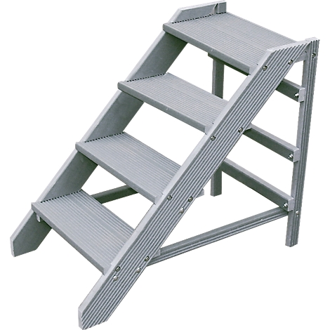 Gray, freestanding staircase with four steps. The steps and the side support structures are made of ribbed material. Light gray background.