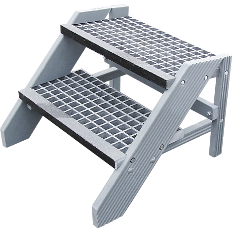 Grey step stool with two steps, ribbed, black rubber padding.