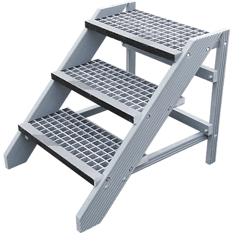 Grey staircase with three steps, treads with black non-slip coating.