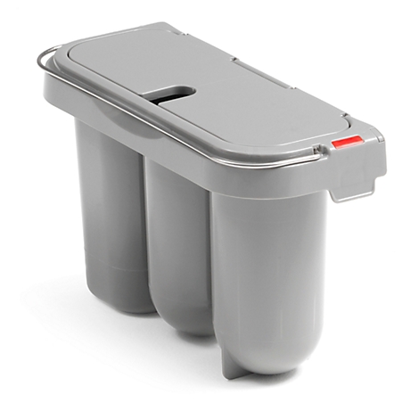 Gray trash can with three compartments. The lid has a small slot. Red dot on the right.