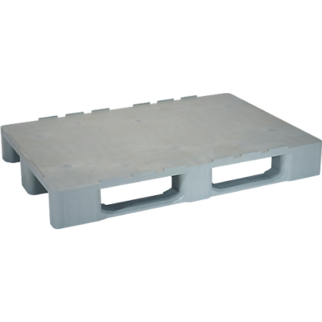 Light gray plastic pallet. The pallet has rectangular cutouts and a textured surface.
