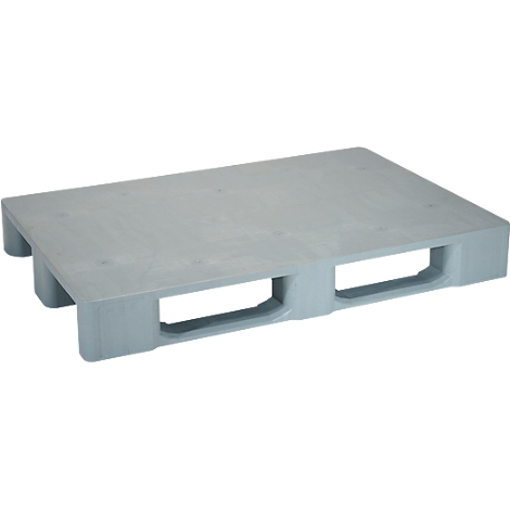 Light gray plastic pallet with a rectangular shape. Two rectangular recesses and three supports.