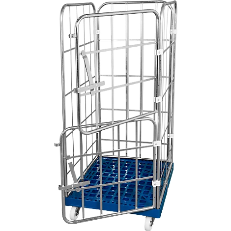 Roll container with blue grid floor and side door; metallic color.