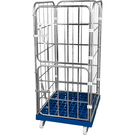 Metal roll container with blue grid base and wheels.
