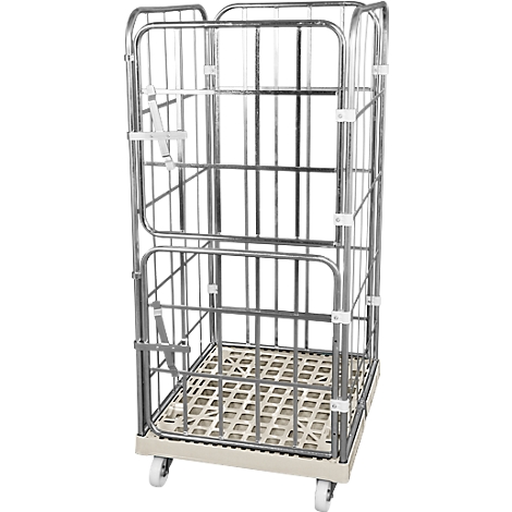 Empty metal transport trolley. Gray metal struts form a cage on wheels.