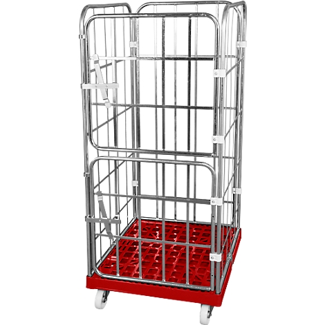 Metal mesh cart with red base, standing on rollers.