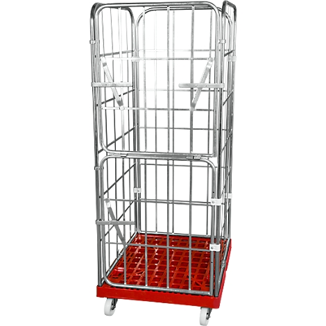 An empty, rolling grid cart with a red floor. The basket is made of silver metal. It has wheels.