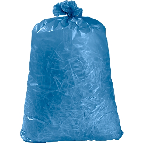 Blue trash bag filled with shredded paper against a white background.