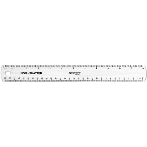 A transparent, white ruler. The ruler has the inscriptions "NON - SHATTER" and "WESTCOTT". Clear measurement marks.