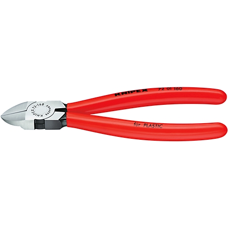 Red side cutter pliers, manufacturer Knipex, inscription 'for Plastic'.