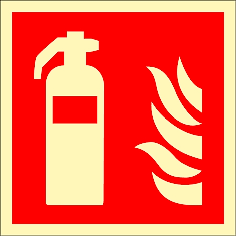 A white symbol of a fire extinguisher against a red background, next to flames.