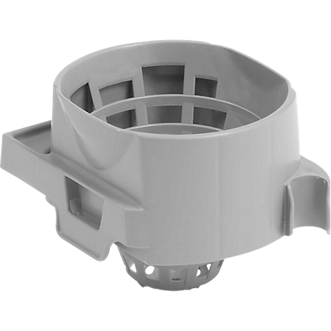 Gray plastic part, with a round vessel and expansive side parts. Details: openings, curves.