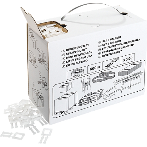 White box with strapping kit contents. Prints in several languages. Small plastic parts in front.
