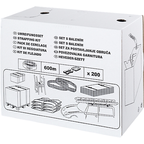 White box with prints, showing different applications for strapping kits. Including tools, pallets, sandbags and a car.