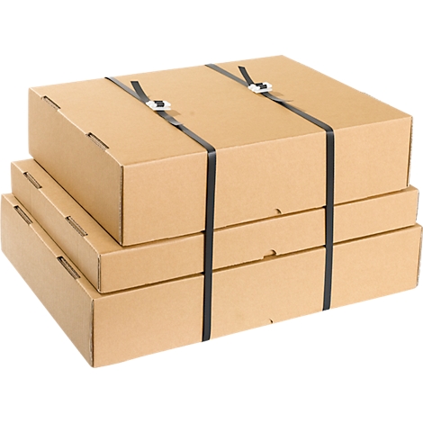 Three rectangular brown cardboard boxes stacked, secured with black straps.