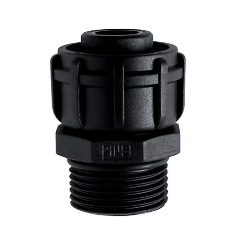Black cable gland. Multi-part plastic housing with thread and locking lugs.