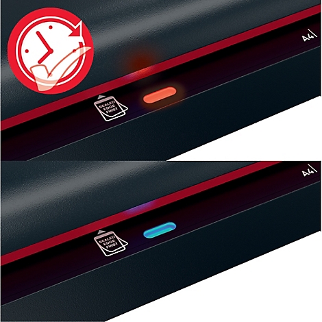 Détail d'une plastifieuse noire avec des accents rouges. En haut à gauche, un symbole rouge avec une horloge et une main. En bas, deux LED bleues et rouges.