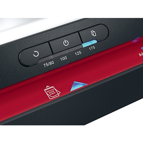 Gros plan d'une machine noire avec des éléments rouges et des boutons de commande. Le panneau de commande indique 75/80, 100, 125, 175.