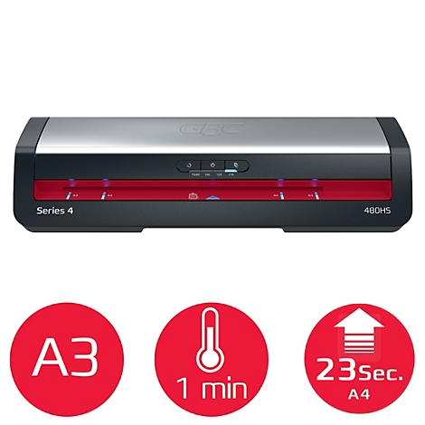 Laminateur noir et argent. Cercles rouges en dessous avec A3, thermomètre et 23 secondes A4.
