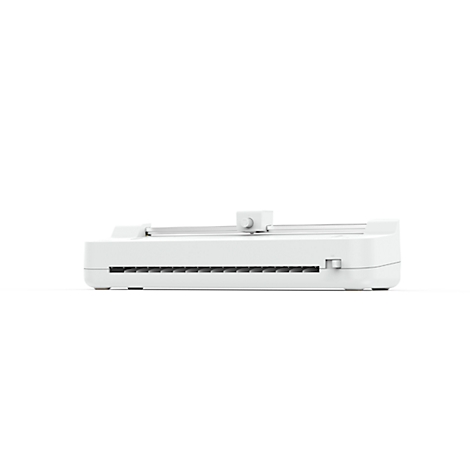 Une machine de découpe blanche sur fond blanc, vue de côté.