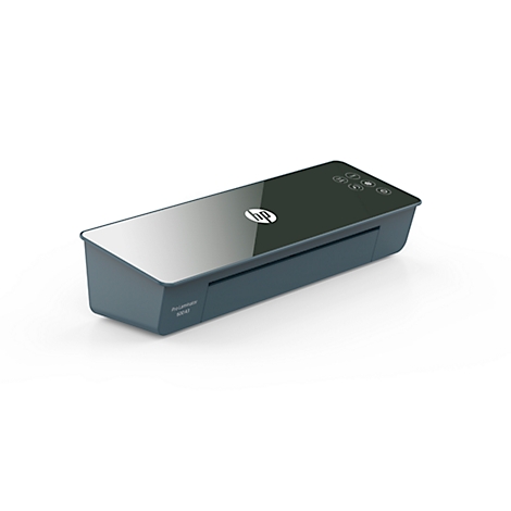 Laminateur bleu-gris avec logo HP sur fond blanc. Boutons en haut, lettrage droit : « ProFilm ».