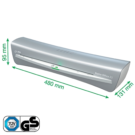 Laminateur gris avec dimensions. Texte : Home Office A3, TUV SUD GS.