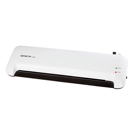 Laminateur blanc avec bord noir. Inscription "GENIE". Voyants lumineux verts et rouges.