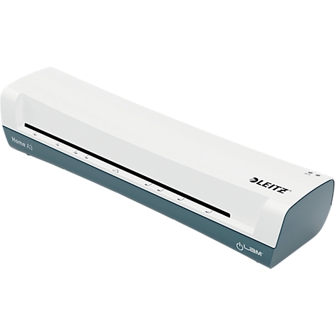 Laminateur blanc-gris de Leitz. Des indicateurs et une fente noire sont visibles sur le dessus.