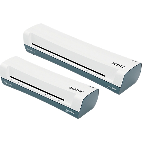 Deux plastifieuses blanches et rectangulaires avec des accents gris foncé. Le logo "LEITZ" est clairement visible.