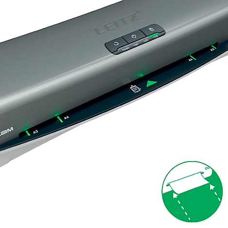 Laminateur Leitz gris, commandes éclairées en vert, marquages A3 et A4. Symbole de fonction et infographie.