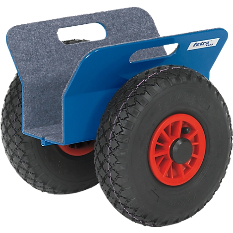 Blue transport cart with gray support and large tires.