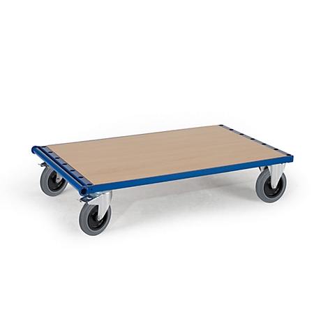 Flat blue transport cart with wooden panel and four wheels on a white background.