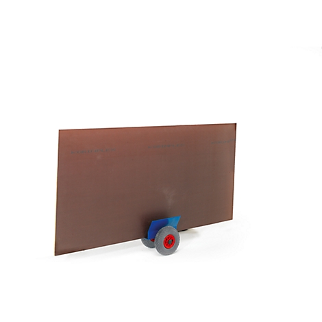 Brown panel supported by a blue cart with two wheels. Red hubs, gray tires. White background.