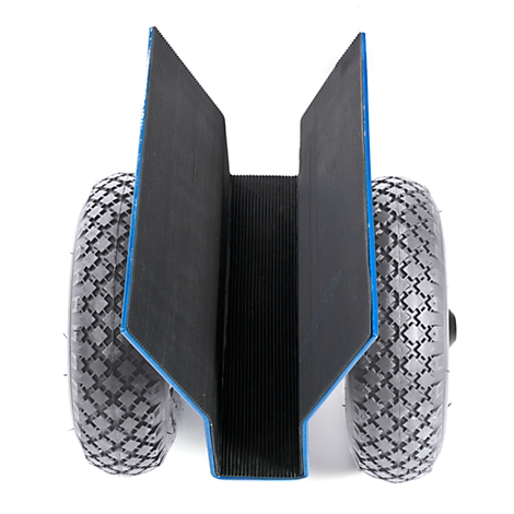 A black, foldable transport cart, blue bordered, with two gray wheels on a white background.