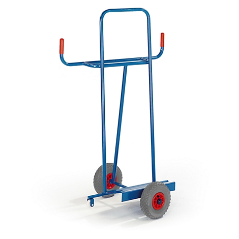 Blue transport cart with two wheels, red handle and handle ends.