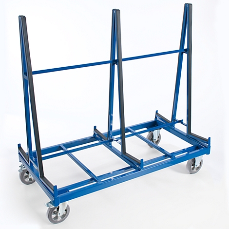 Blue glass cart with vertical holders on wheels. Black rubber strips protect the glass.