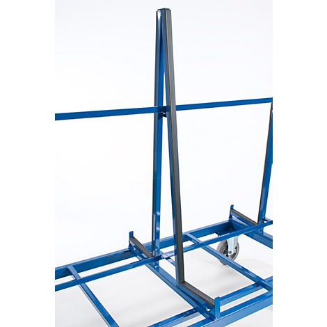 Blue metal frame with vertical struts and wheels. The bars are connected by horizontal struts.