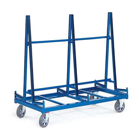 Blue cart with frame, vertical supports, and wheels. Perfect for transporting panel materials.