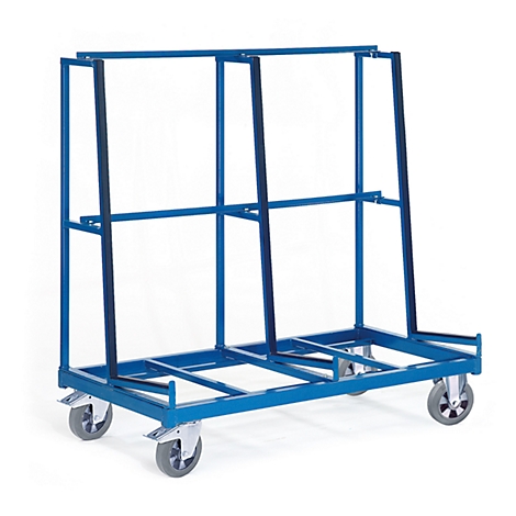 Blue metal frame transport cart with wheels. It has several brackets for transporting glass sheets.