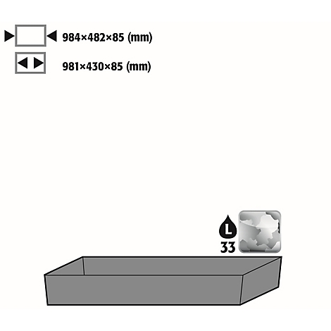 Forme rectangulaire grise avec dimensions et symboles, indiquant les dimensions et un symbole liquide avec le chiffre 33.