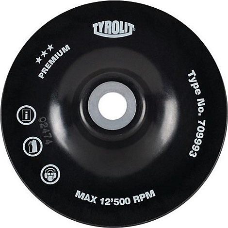 Disque de meulage noir avec lettrage et logos blancs. "Tyrolit Premium", "MAX 12'500 RPM", Type No. 70993.