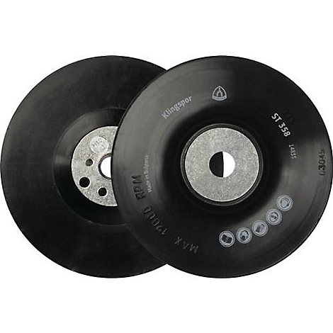 Deux disques de ponçage noirs avec des noyaux gris. On peut lire Klingspor, ST 358, max. 12000 RPM.