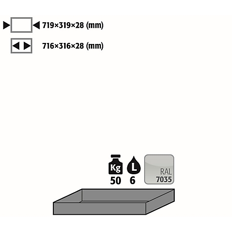 Récipient rectangulaire gris avec textes: dimensions, poids (50 kg), volume (6 l) et code couleur RAL 7035.